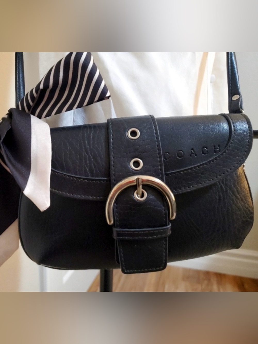 Coach Black Leather Mini Bag with Striped Scarf Accent